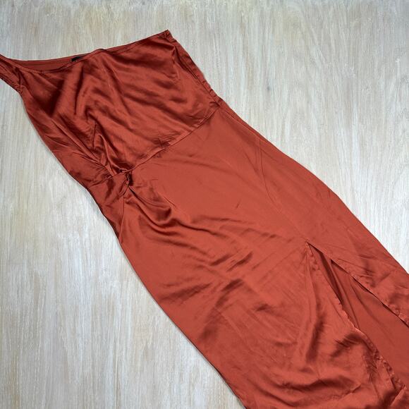 Missguided Rust Orange Satin One Shoulder Draped Slit Midi Cocktail Dress 4 - Picture 7 of 14